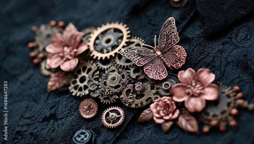 Naklejka premium Ornate steampunk-inspired design on dark fabric