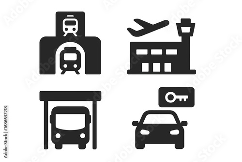 Urban mobility icons grid solid filled icon set with train station, airport terminal, bus depot, car rental, transportation hubs, urban transit, travel vector illustration