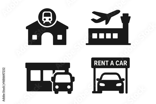 Urban Mobility Icon Set Grid. Solid Filled Vector Icons of Urban Transport Hubs Including Train Station, Airport Terminal, Bus Depot, Car Rental Service, Modern City Transportation Symbols