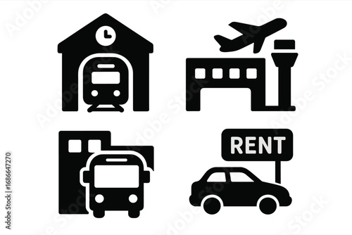Urban mobility icons grid solid filled vector set of transportation hubs including train station, airport terminal, bus depot, car rental service, city transit symbols
