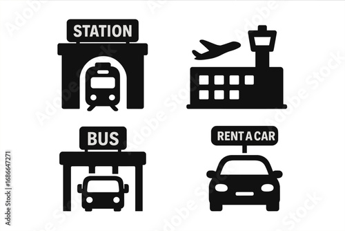 Urban mobility icons grid, solid filled vector set of city transportation hubs including train station, airport terminal, bus depot, car rental, modern city travel symbols