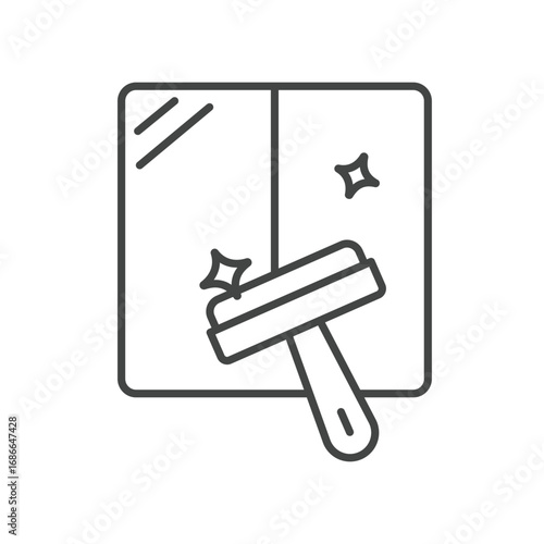 A window cleaning icon showing a pane with streaks sparkling elements and a squeegee. Editable stroke. Icon vector illustration
