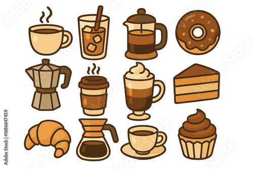 Stylized Coffee and Dessert Icons Collection, Playful Vector Cartoon Illustrations Featuring Various Coffee Brewing Methods, Hot and Cold Coffees, Cupcakes, Donut, Croissant, and Cake