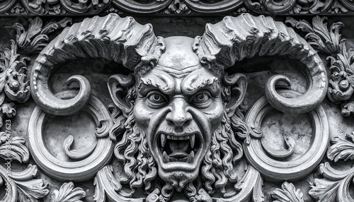 Ornate demonic face carved in stone