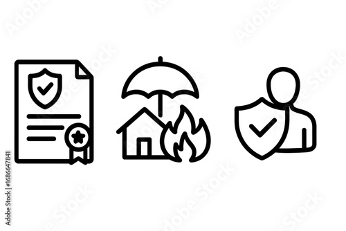 Vector icons representing insurance concepts including policy, risk management, protection symbols, safety, home fire insurance, and personal security in editable cartoon style with transparency
