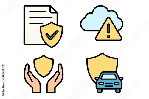 Vector icons representing insurance concepts including policy protection, risk warning, safety hands, and car security shield in a colorful cartoon style, editable vector illustration