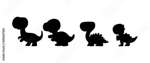 Silhouettes of various dinosaurs in playful poses against a white background