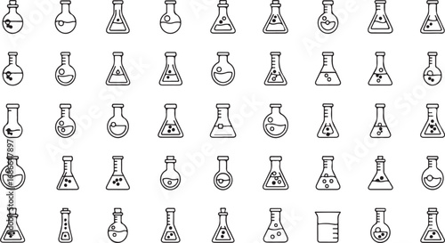 Collection of hand-drawn chemistry beakers flasks and scientific glassware icons for education and research vector