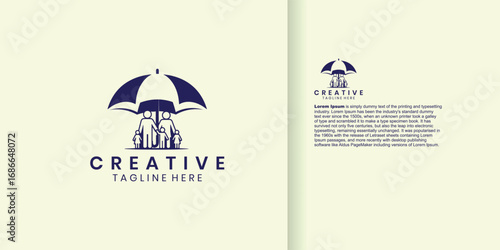 Creative logo design featuring an umbrella sheltering figures, with accompanying text and layout.