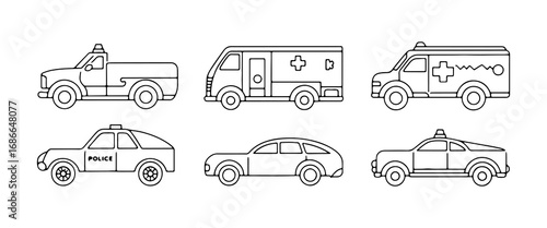 Collection of emergency vehicles including police car, ambulance, and rescue truck lined up on a white background