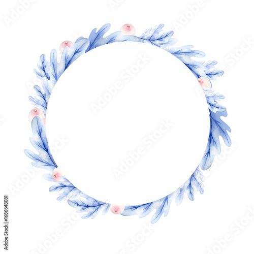 watercolor blue leaves wreath with pink berries clip art preview