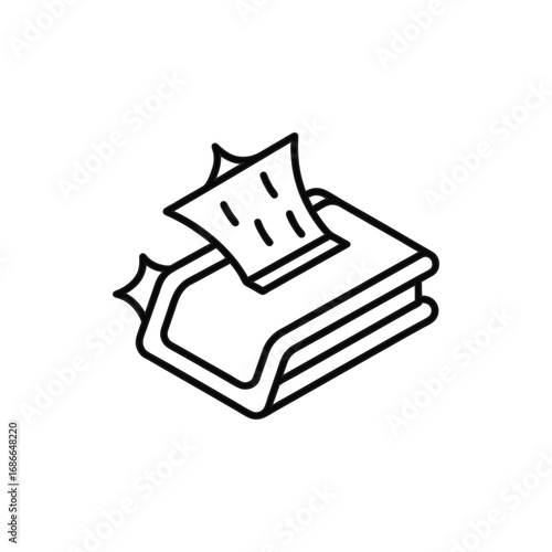 An outline illustration depicts a tissue box with a tissue being pulled out emitting two small starlike shapes. Editable stroke. Icon vector illustration