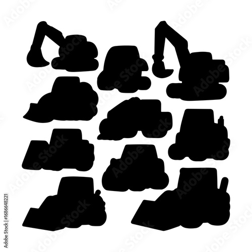 Construction vehicles silhouettes in various positions and orientations for creative projects
