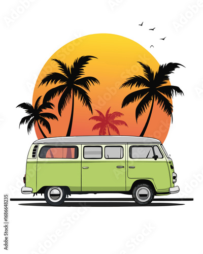 Vintage Camper Van Against a Tropical Sunset Silhouette of Palm Trees and Birds in a Nostalgic Summer Vacation Scene