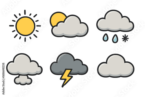 Minimalistic Weather Icons Set with Sun, Rain, Snow, Clouds, Thunderstorm, and Fog. Vector Cartoon Illustrations with Transparent Background for Forecast and Climate Design.