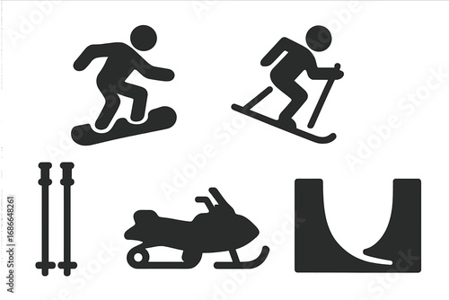 Solid Winter Sports Icons Grid, Filled Vector Set of Extreme Winter Activities Including Snowboarder, Skier, Ski Poles, Snowmobile, Halfpipe, Adventure and Winter Recreation Symbols