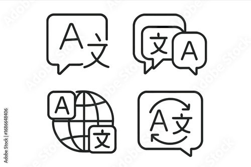 Translation icons set with language chat bubbles, translation service symbols, vector line art, multilingual communication, global translation concept, modern flat design with transparent background