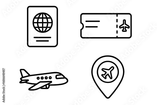 Travel and tourism line icon set with passport, airplane ticket, flight, and airplane outline collection, vector cartoon illustration, transparent background, ordered set