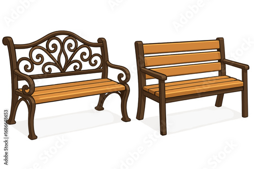 Two distinct elegant and simple garden bench designs, outdoor wooden seating, decorative and classic park benches illustration, vector cartoon with transparent background