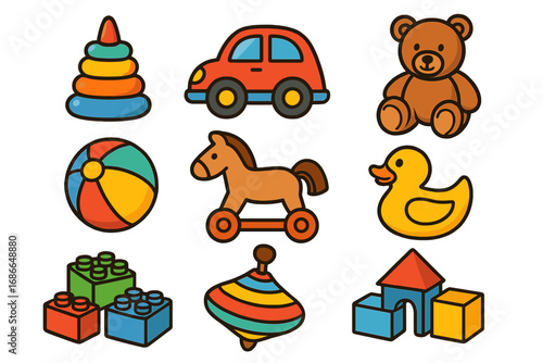 Playful Toy Icons Collection for Children’s Projects and Designs, Colorful Cartoon Vector Illustrations on Transparent Background, Ordered Set of Classic Kids’ Toys