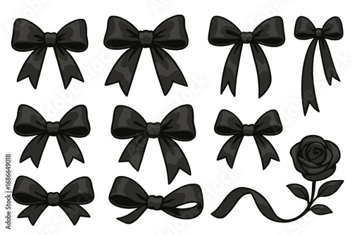 Various black ribbon bows and rose decoration vectors, elegant gift wrapping, versatile decorative elements for celebrations, presents, and special occasions, cartoon style set
