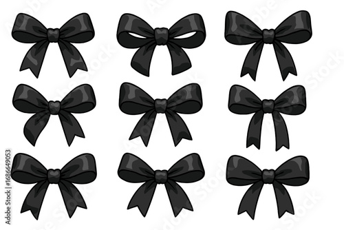 Various elegant black ribbon bows suitable for gift wrapping and decoration, showcasing versatility and style for multiple occasions, vector cartoon illustration set
