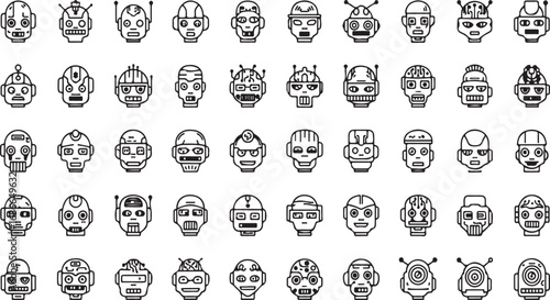 Collection of retro sci-fi robot face icons in doodle art style hand drawn vector