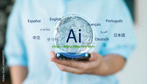 AI assistant language translation technology with globe and multilingual words, artificial intelligence, speech recognition, global communication and real-time voice translation on mobile devices.