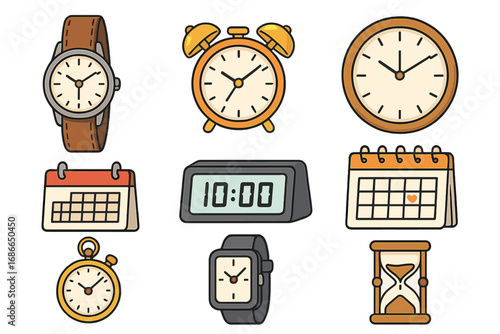 Various Timekeeping Tools Including Watches, Clocks, Calendars, Stopwatch, Alarm Clock, Digital Clock, Hourglass in Cartoon Style, Vector Illustration of Time Management and Scheduling Concepts