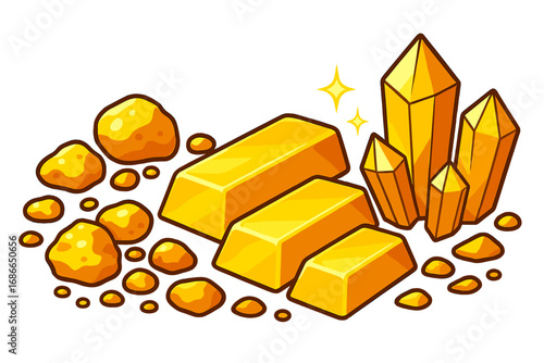 Various types of gold including gold nuggets, gold bars, and gold crystals displayed together in vibrant colorful arrangement, shiny precious metals, vector cartoon illustration