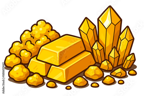 Various types of gold including shiny gold nuggets, bullion bars, and crystal formations arranged vibrantly in a colorful vector cartoon illustration with transparency