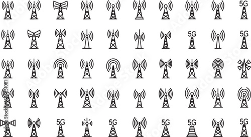 Collection of diverse antenna tower icons representing wireless communication and telecommunications technology vector