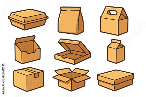Various types of packaging boxes for food, takeaway, delivery, and products in cartoon style, vector illustration set with transparent background, clean design, different shapes and sizes