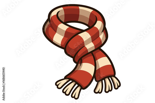 Warm and stylish red and white striped scarf illustration, cozy winter clothing accessory, knitted wrap for cold weather, fashionable winterwear design, cartoon vector with transparent background