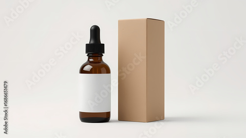 Amber Glass Dropper Bottle Mockup with Kraft Box – Cosmetic, Essential Oil & Skincare Packaging Design Template