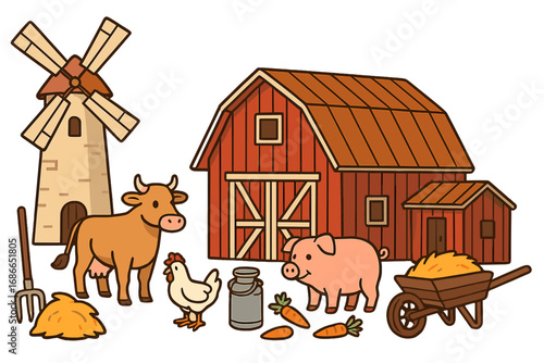 Rural farm life illustration with windmill, red barn, cow, pig, chicken, haystack, wheelbarrow, milk can, pitchfork, and fresh carrots, cartoon vector set with transparent background