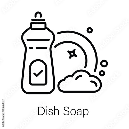 Outline of a dish soap bottle next to suds a rainbow arc and bubbles A checkmark is on the bottle The words Dish Soap are below. Editable stroke. Vector illustration