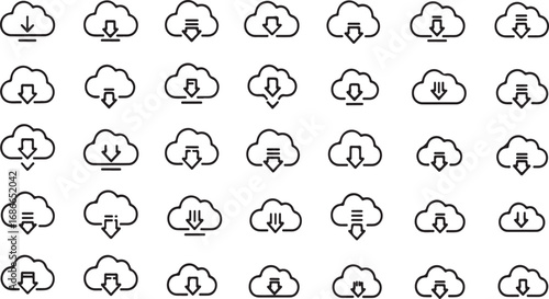 Collection of cloud icons with download and upload arrows representing cloud computing services vector