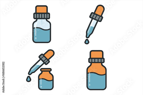 Tincture and Pipette Icon Set, Medical Dropper Vector Collection, Liquid Medicine Bottle Illustrations, Cartoon Style Isolated Blue and Orange Vials, Stock Vector Graphics