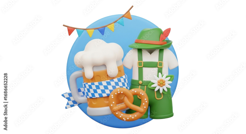 Naklejka premium A festive Oktoberfest celebration with a large beer mug, pretzel, and traditional Bavarian clothing.