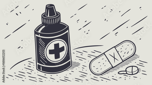Retro line art illustration of basic first aid and medical treatment