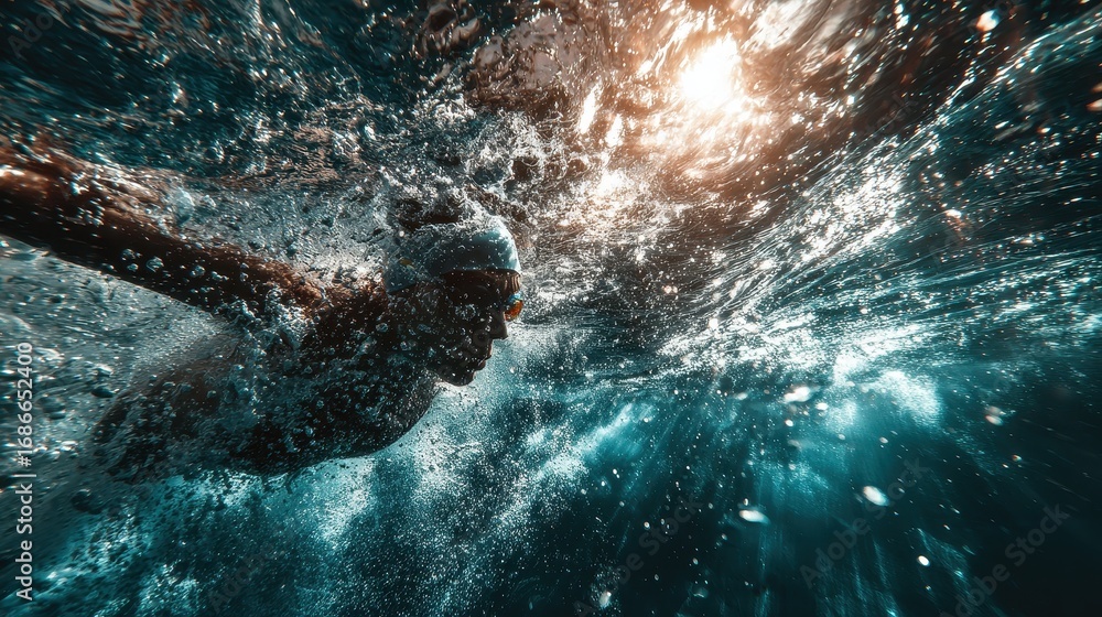 Obraz premium Man swims underwater towards bright sunlight illuminating ocean surface from below during the day