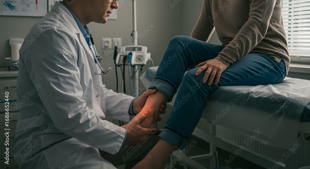 Fototapeta premium Doctor Examining Patient's Foot Sitting on Examination Table in Medical Clinic