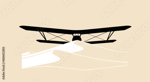 Vintage Seaplane Silhouette Flying Over Water Reflection.