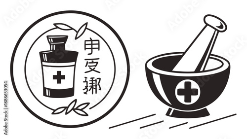 Traditional pharmacy and herbal medicine icons with mortar and pestle