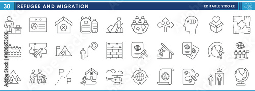 A set of line icons related to Refugee and Migration. Refugee, migrate, abroad, camp, law, global issue, and so on. Vector editable stroke.
