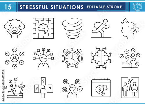 A set of line icons related to Stressful Situations. Stress, tension, overload, work, choice, divorce, and so on. Vector editable stroke.