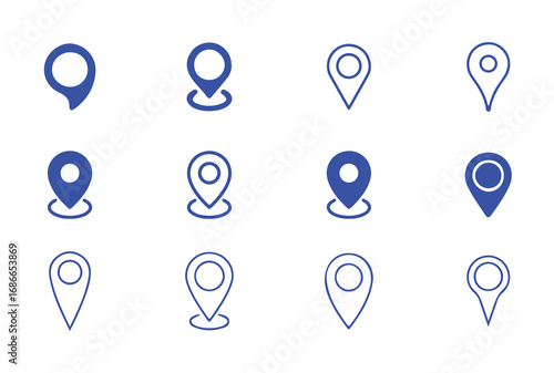 Diverse Set of Map Pin Symbols with Line and Filled Designs for Geographic and Navigation Projects