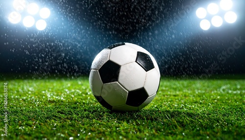  A Soccer Ball on a Wet Grassy Field Under Stadium Lights