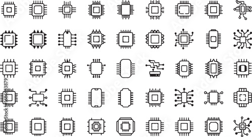 Collection of diverse microchip and electronic component icons for technology and digital design vector